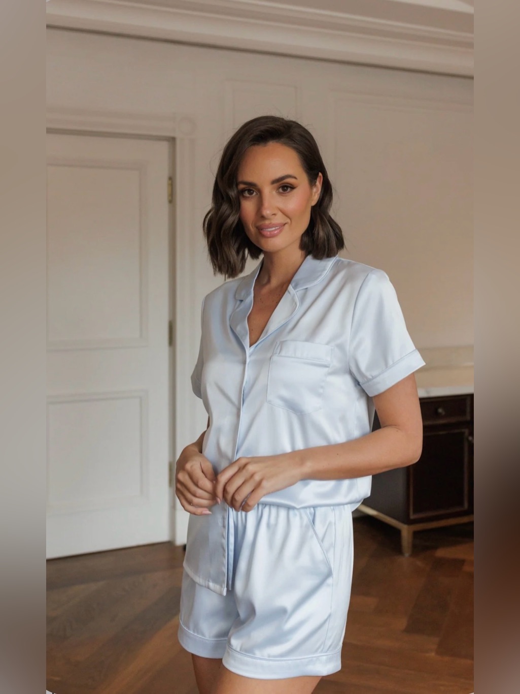 Le Rose Stories Lucia Premium Satin Pajama Set - Short Sleeve Pj Top & Pj Shorts
